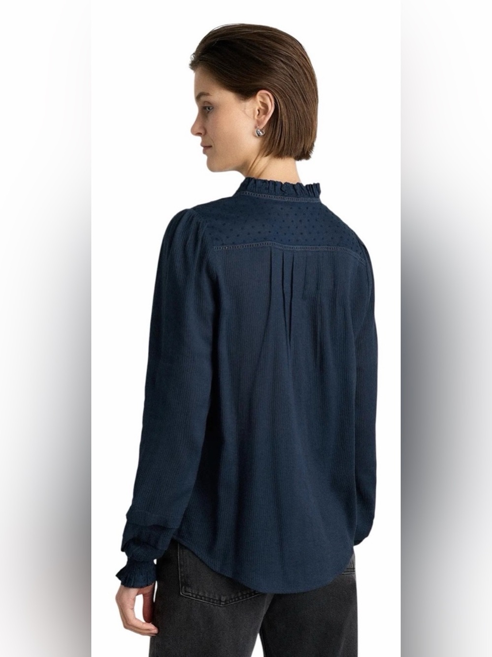 QUINCE Organic Cotton Textured Navy Blue Peasant Blouse Size M - Picture 3 of 10